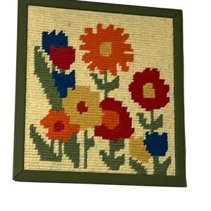 Vintage Needlepoint Floral Wall Art - Scandinavian Style